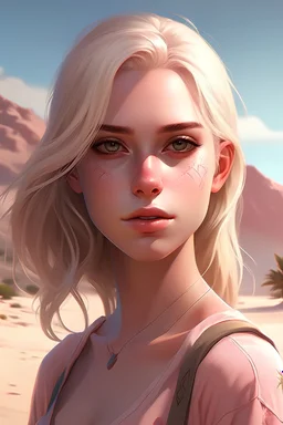 shoulder-length blonde hair, best quality,masterpiece,detailed,16k,beautiful detailed face,beautiful detailed eyes,8k,female_solo,perfect body, ((Freckles and dry impure skin)) , (full body shot), 1 beautiful woman, (colored shoulder-length Length hair), grey eye, pink skin, bathing on a desert islandbacklighting, fog, day lighting, birch light, sun rays, volumetric light,High detailedrealistic seductive cute girl , hyperrealistic teen, photorealistic realistic photoreal, hyperrealistic digi