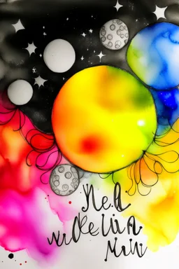 We all shine on like the moon and the stars and the sun; ink wash; neon metallic palette