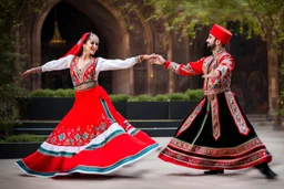 1 man and 1 girl in Azerbaijanian costume ,dancing Azerbaijan folk dance together