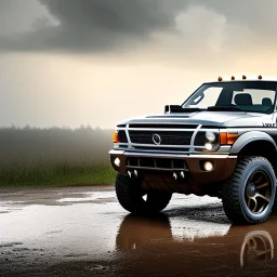 hyperrealistic shot, muddy 4x4 truck, monotone color palette, sharp focus, puddle reflection, tire mud splash, refraction, mist on the horizon, thunder and lightning, overcast shadow, detailed and intricate, cinematic composition, 8k, micro, tilt shift photography, bokeh