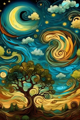 In the swirls in the sky, each of the colors rolls with the clouds around the stars and the moon, and they twist with the curve of the branches on the cypress tree