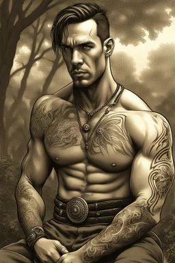 Jason David Frank muscular man with short hair and tribal tattoos piercings in forest, realistic face, close-up, dark fantasy, smoke in the sky, intricate details, hyper detailed