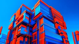 cyberpunk, A modern abstract building with bold orange and blue geometric shapes against a blue sky background, vaporwave, neon colors, science fiction, detailed scene