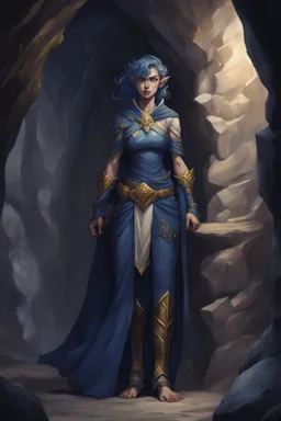 Dnd character in a dark cave. Leaning against a wall. A female Elf twilight cleric with super curly, super short, dark blue hair and golden eyes, wearing gray and dark blue robes. With tattoos. Etheral, very muscular, strong.