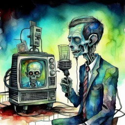 Profound watercolor and pen illustration, medium brush strokes, double exposure of gritty spooky bushy wild dark-haired shabbily dressed male zombie radio broadcaster speaking into an old-time radio microphone, sinister, looming radio station tower "WXXT 87.9" broadcasting ethereal blasphemies, Dramatic, creepy, deep colors, oddball masterpiece, sfumato, complex contrast, dynamic composition, grand design, zombiecore