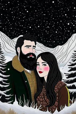 Mountain Christmas scene, dark haired couple, man with black beard