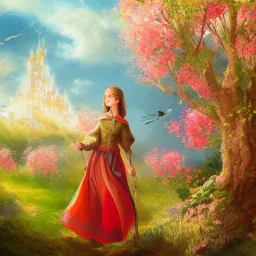  Castle into sky, with flowers of fire. Green clouds and birds. Shy girl going out of the main gate. Detailed painting, soft color, medieval, intricate detail, far sceen, complementary colors, medieval concept art, spring.