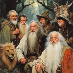 [art by Norman Rockwell: three Middle-earth Istaris are Jonathan Pryce, Sylvester McCoy and Jean Rochefort] Radagast, with his unkempt hair and a menagerie of animals, shared a hearty chuckle with Saruman, the wise and cunning Istari. And there, in the midst of it all, stood Gandalf, a twinkle in his eyes as he joined in the mirth.Their laughter echoed through the night, a rare moment of camaraderie amidst the chaos of their journeys.