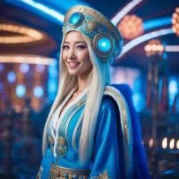 (masterpiece, best quality, 8k, RAW photo, beautiful and aesthetic:1.2), complex detail, Indirect light, photorealistic, (((full body))), 2 Gorgeous Cosmic russian asian goddess smiling, long curved blonde hair, blue eyes, Mixed, sci-fi and traditional russian outfit with white furs and chapka, colorfull Sci-Fi environment