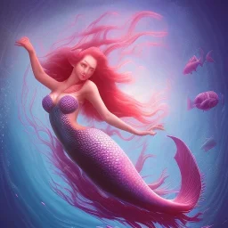 Underwater, Pink mermaid princess swimming, pink sea castle in background, magical