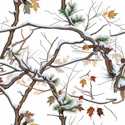 detailed Real Tree Camouflage made of sticks, twigs, tree bark, dried maple leaves, pine branches, snow and dirt, white background, seamless repeatable texture pattern imitating a natural forest background, add details