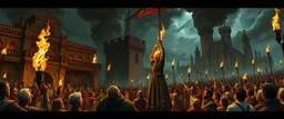 fantasy art, style of Escher , A public execution: The party arrives at a city square just in time to see the Flaming Fist hang a convicted smuggler or cultist. The crowd is loud and bloodthirsty.