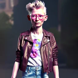 Tilda swinton toddler, full body, leather jacket, floral shirt, floral skirt, Nike sneaker, soft skin, city background, dramatic lighting, hyper realistic