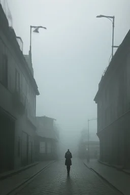 Dark street life creepy fog colours strong texture ombre insensate nightmare 8k artistic Photography volumetric light, Yves Tanguy