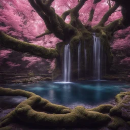 Generate a dreamy forest scene with ancient, moss-covered trees and soft, dappled sunlight filtering through the leaves. Include a hidden waterfall cascading into a crystal-clear pool."pool."nightlife."clouds."overhead."and pink."