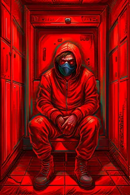 A scary gothic person sits quietly in the middle of a soundproof, padded room conveying intense dramatic emotions in a muted environment, wearing a bright red straitjacket , a mask to cover the mouth area of cannibal evil scary, dark and gothic look, cold eyes, eary ultra detailed,.32k, digital art style with messy paint, hardened sealer appearance, impasto, dramatic Arial view with explosive chaotic background