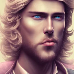 portrait bel homme, visage , prince , grands yeux bleus, cheveux long blond lord fantasy, bleu et rose