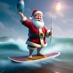 Santa standing of surfboard surfing a big wave, surfboard, beach, character design by cory loftis, fenghua zhong, ryohei hase, ismail inceoglu and ruan jia. unreal engine 5, artistic lighting, highly detailed, photorealistic, fantasy