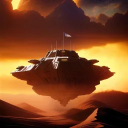 volumetric dramatic desert Battle scene with futuristic hovering military armored Hovercraft painted by chris foss, floating, 4k, 8k, Minutiae, highly detailed, With gun Turret, Yellow pennant, hovering, stripes, sunset, duststorm, nimbus clouds]