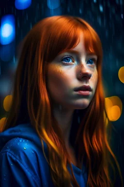 a teen girl with long flowing ginger hair and a fringe going to the side and looking upwards with deep dark blue eyes which reflect the background of multicoloured raindrops falling around her