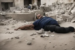 Man with no legs lying in ruins in Gaza