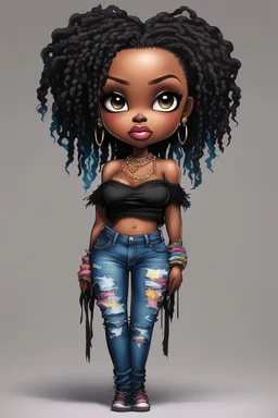 create a colorful abstract comic book art image 8k of a chibi curvy black female wearing torn jeans pants with fringe on the side and a black-tie dye off the shoulder blouse. Prominent make up with hazel eyes. Highly detailed long Senegalese twist in a hair wrap