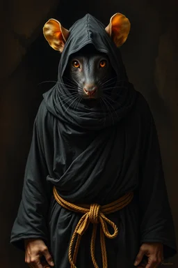 full figure, the yoga rat man, big black iris eyes with yellow glints, ou’re looking at someone who doesn’t just walk into shadows—they belong to them. The black robes cling like a second skin, the belt tied tight with gold thread that catches the light only when he moves. His face is wrapped, but not hidden—his eyes glow like embers, red and steady, as if he’s already seen what waits inside the cave. The tail curls behind him, not in fear, but in readiness. He doesn’t need a torch, by Rembrandt