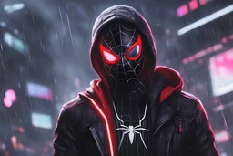 Miles morales in 8k nier automata drawing style, spider them, cinematic mood, neon effect, close picture, rain, highly detailed, high details, detailed portrait, masterpiece,ultra detailed, ultra quality