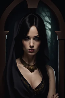 dark haired woman tall and curvy. hardness about her expression. scowling realist darkfantasy inside setting