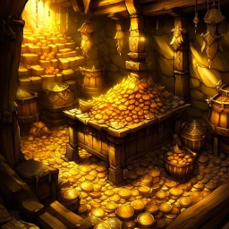 dnd, fantasy, watercolour, large strokes, stylistic, dungeon, piles of gold, chests full of gold, opulent, grandiose