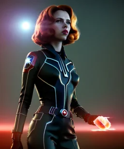 retro sci-fi portrait image from 1960, supermarket parking explosion, fire, classic black widow, young Scarlett Johansson, tight latex suit, superhero marvel, soft color, highly detailed, unreal engine 5, ray tracing, RTX, lumen lighting, ultra detail, volumetric lighting, 3d, finely drawn, high definition, high resolution.