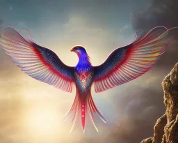 a detailed illustration of a phoenix with shiny red wings and long glowing sparkly body, luminescent body, glinting spread wings, realistic, soft and smooth glowing wings, soft feathers, macro lens, sharp focus, meticulously detailed, soft studio lighting, smooth blurred gradient background, 64k