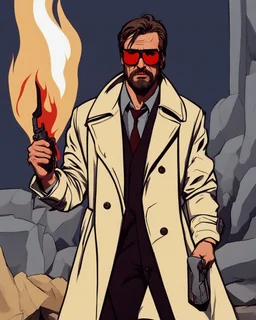 a young man with big muscles who looks like hans gruber wearing a trench coat and red sunglasses staring with an irritated look on his face standing in front of a large fire