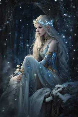 Elven princess,elven crown,long blonde golden hair,rapunzel hair,ice flowers,beautiful,light blue,dark blue,golden armor,sparkle,glitter,ice flowers,snow,elven ears,dark fairy princess