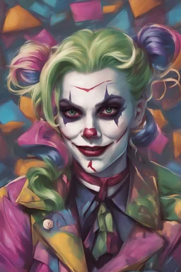 Cartoonish Harley Lizzy Hale Joker Suicide Squad: Kill The Justice League Pop Art psychology render eye candy style oil paiting In depth psychology display artgerm style in city