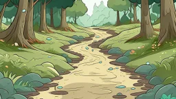 Cartoon style Forest with trees, muddy footprints on the path, creek a little bit on the left