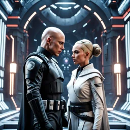 a bold and heroic bald male Corellian pilot in black and metallic grey First Order special forces gear meets a female Jedi Master in ancient, mystical temple, hyperdetailed, dynamic lighting, hyperdetailed background, 8k resolution, volumetric lighting, light skin, fully symmetric details