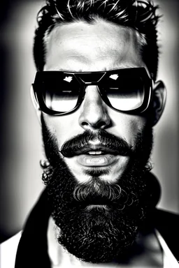 Artistic photo in the audacius style of Jill Greenberg, of man with a luxurious and striking style, abundance of jewelry, oversized sunglasses, neat black beard, feminine manirism, prints, desafiant, extravagant, barroque escene , impasto style with thick texture