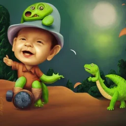 1yo little szymon is on safari onthe moon. petting a green dinosaur. he has big binoculars and a funny hat. High detailed. Cinematic. Digital painting. Warm lights.