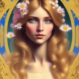  beautiful, holy and pretty very young european female cleric face portrait, detailed eyes, hair with flowers, cosmic ambiance , 8k