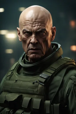 portrait of a 50 year old evil soldier. sneering expression, bald, photorealistic, 4k