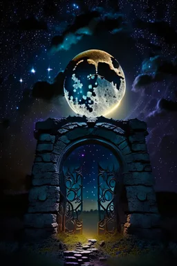 Stone moongate glowing at night under a full moon dark fantasy