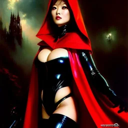 fullbody portrait 'beautiful sexy busty mature Red Riding Hood',wearing black skintight latex suit,hyperrealistic skin,Hyperrealistic Big eyes,painting by gaston bussiere, greg rutkowski, yoji shinkawa, yoshitaka amano, tsutomu nihei, donato giancola, tim hildebrandt, oil on canvas, cinematic composition,sharp image, extreme detail,((fit full head inside picture)),32k