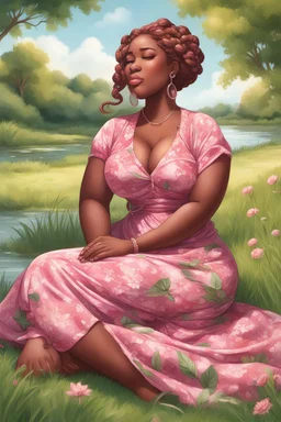An airbrushed illustration of a curvy black cartoon woman sitting relaxed on a sunny riverbank, lush green grass surrounding her. Facing left in profile, she has flowing chestnut hair styled in an elaborate braided twist. complementing the pink floral maxi dress wrapped snugly around her exaggerated curves. One hand touches her cheek lightly as she looks to the distance, brown eyes enhanced by long lashes and purple eyeshadow. Bold brown lips match the brown flowers on her dress