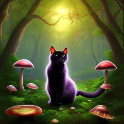 Black cat sitting, mushrooms in a psychedelic forest