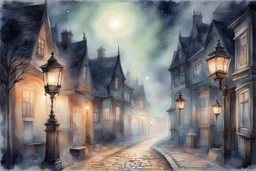 Prompt: a lantern glowing softly on a cobblestone street, mist swirling, with old Victorian houses lining the path, watercolor, mysterious, nocturnal