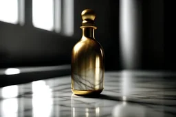 photographie d'une magnifique bouteille en or, posée sur une table en marbre blanc comme dans l'antiquité, vue et angle parfait, reflets magnifique et lumière tamisée, très précis, très intriqué, très stylisé, très propre et épuré, hd, 8k, effet octane