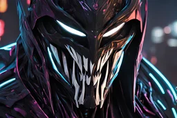 Venom Shredder in 8k solo leveling shadow artstyle, reaper them, close picture, rain, Shredder helmet, neon lights, intricate details, highly detailed, high details, detailed portrait, masterpiece,ultra detailed, ultra quality