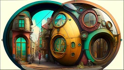 Set in a whimsical world inspired by steampunk and fantasy, the street is a blend of old and new with houses of postmodern design showcasing a mix of industrial and natural finishes. Curious individuals peer through the strange circular and spherical windows, their colorful outfits adding a vibrant contrast to the surroundings