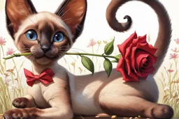 realistic illustration funny goofy, whimsical, caricature of a sleek siamese kitten with brown ears, laying down on its belly, back legs crossed, a paw stretched out in front, holding a red rose in his mouth, flowery background with long pale grass background. Textured painterly fantasy artistic Cartoon